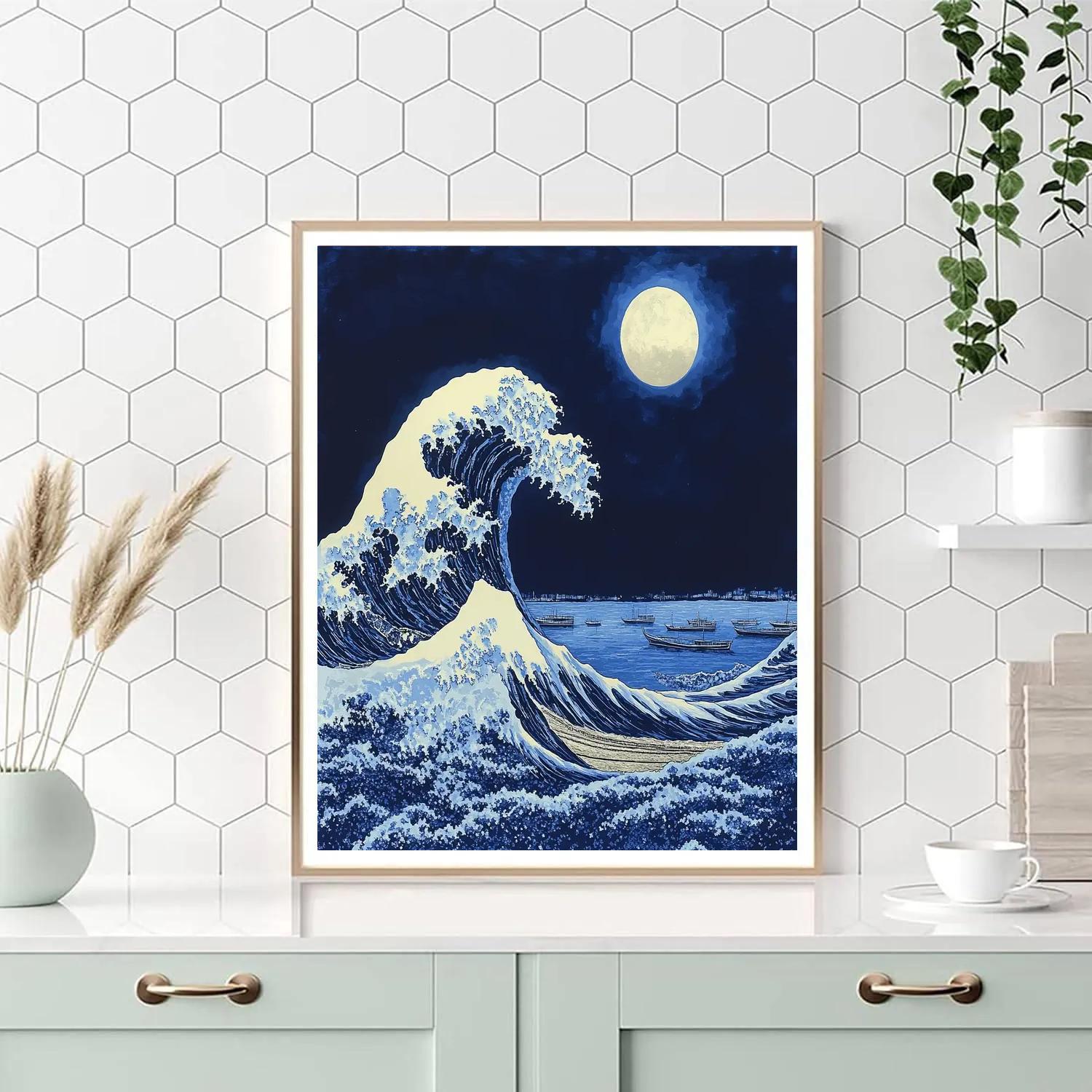Hokusai Inspired Great Wave Over Moonlit Harbor DIY paint by numbers