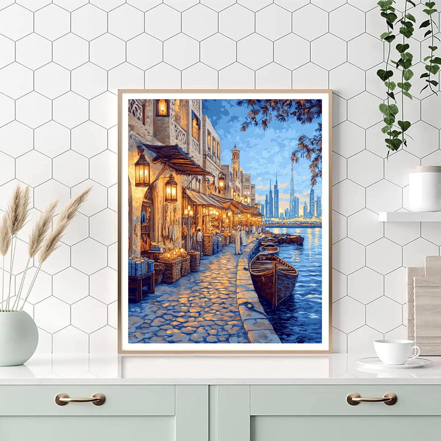 Desert Dusk At Al Seef Creekside Walk Dubai United Arab Emirates Painting by numbers kit