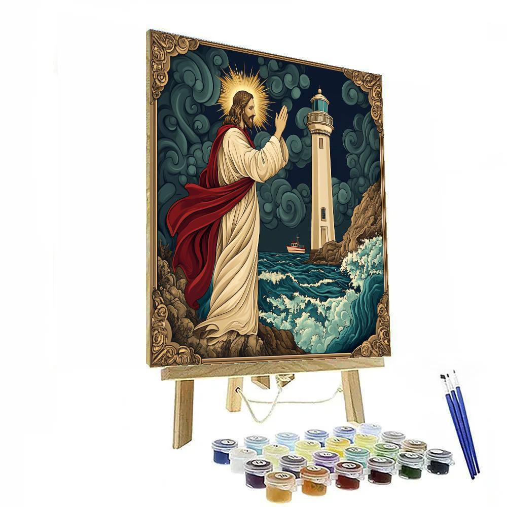 Jesus Lighthouse Of The Storm Coast Number painting