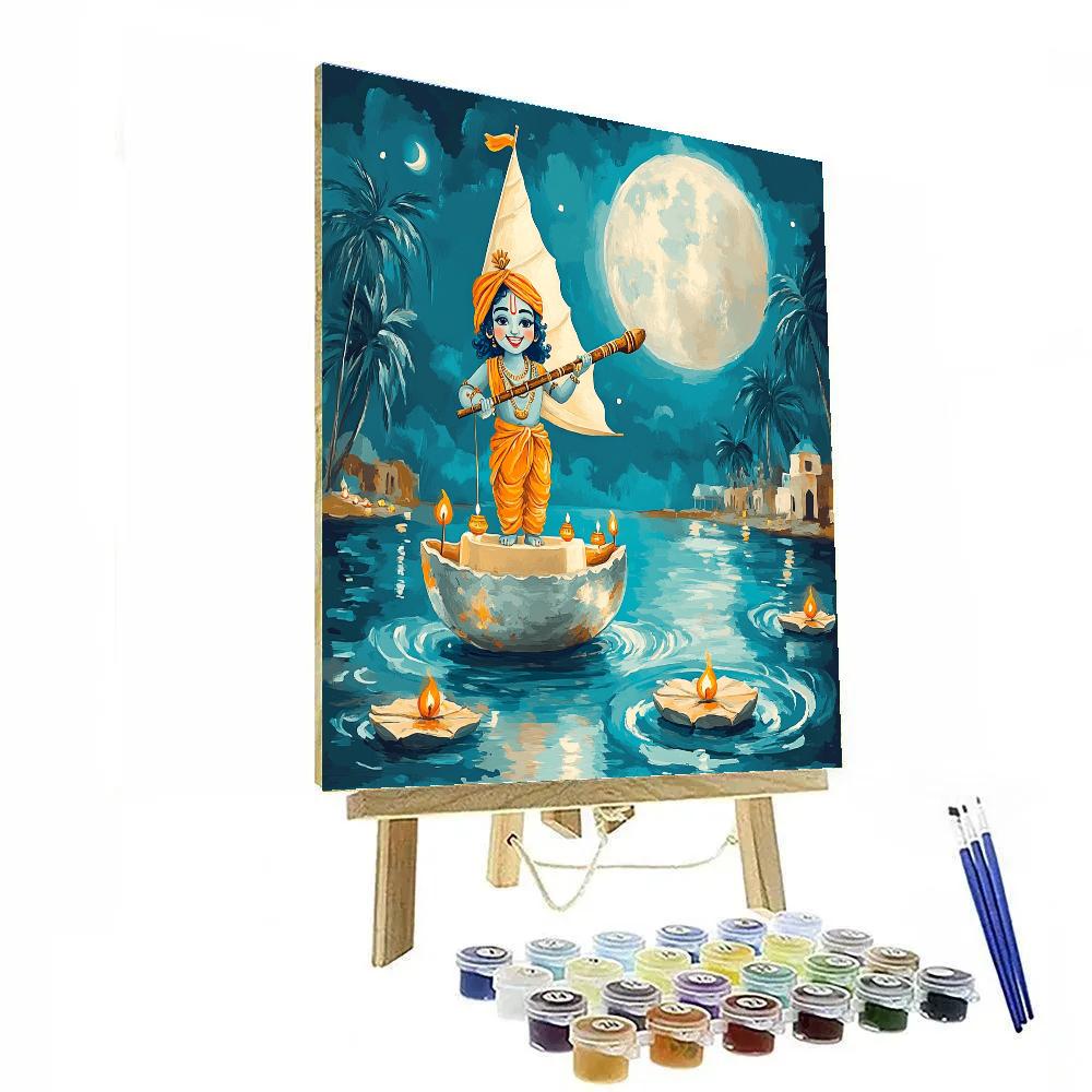 Krishna Sailing A Moonlit Butter Boat paint by number