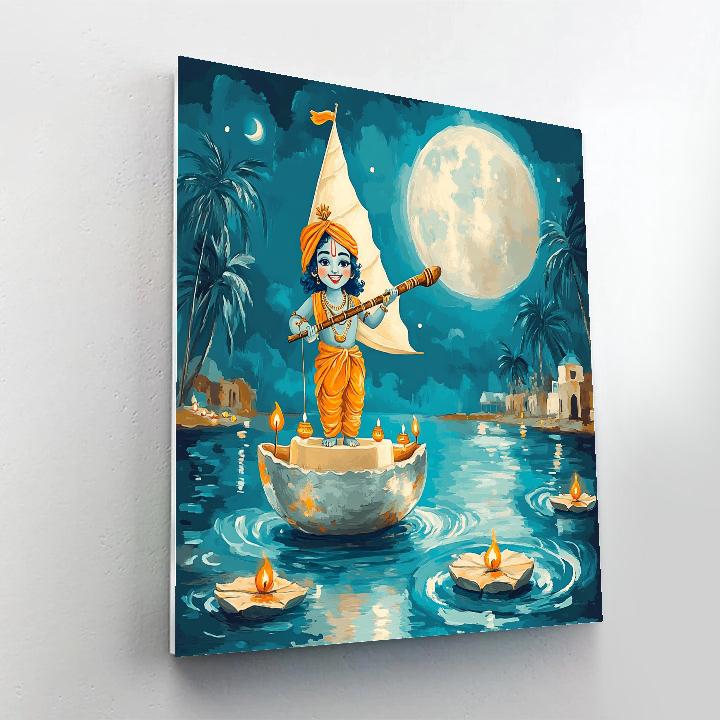 Krishna Sailing A Moonlit Butter Boat paint by number