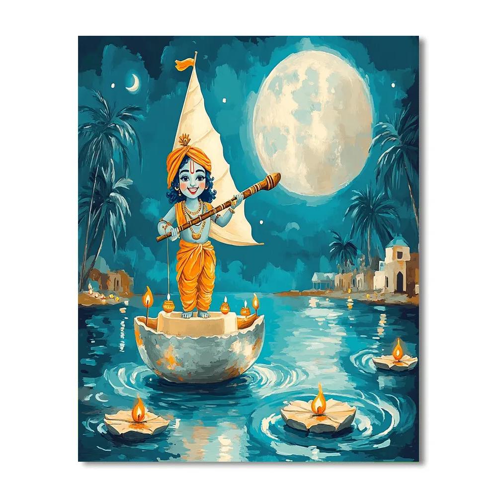 Krishna Sailing A Moonlit Butter Boat paint by number