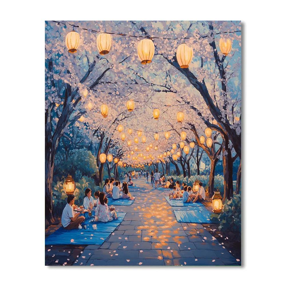 Spring Evening At Ueno Park Cherry Lantern Walk Tokyo Japan painting number kit