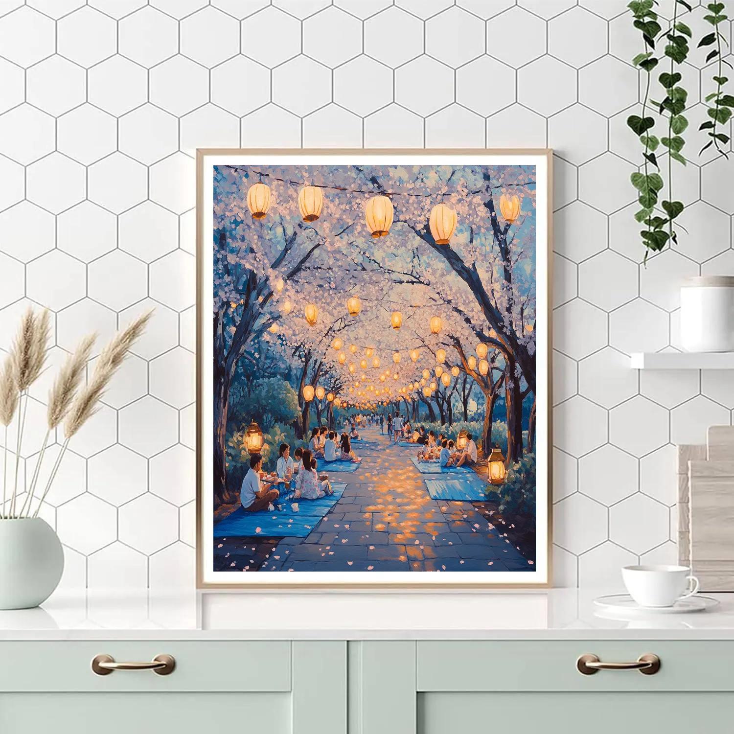 Spring Evening At Ueno Park Cherry Lantern Walk Tokyo Japan painting number kit