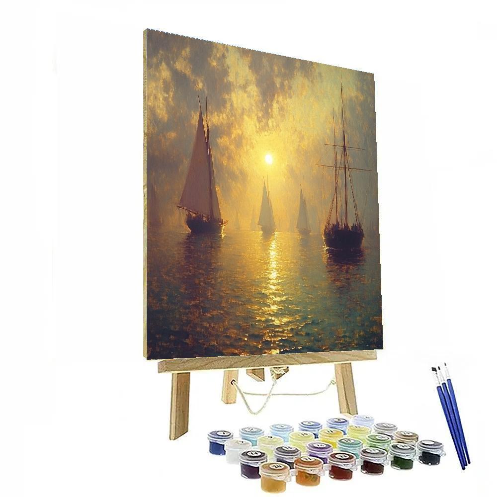 JMW Turner Inspired Burning Sunset Over Harbor Ships Number painting