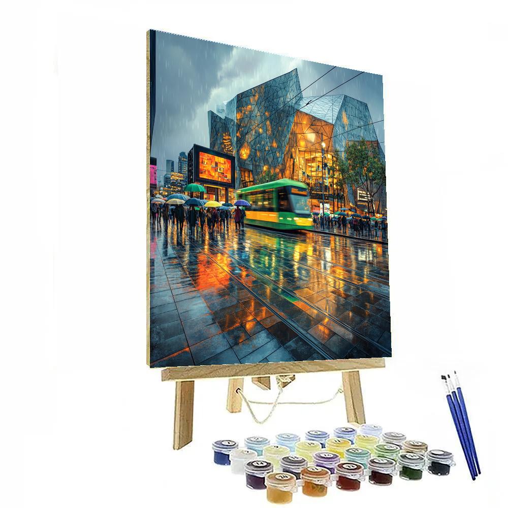 Rainy Evening Trams At Federation Square Melbourne Australia Paint by numbers kits