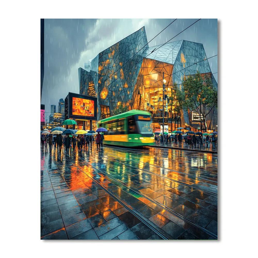 Rainy Evening Trams At Federation Square Melbourne Australia Paint by numbers kits