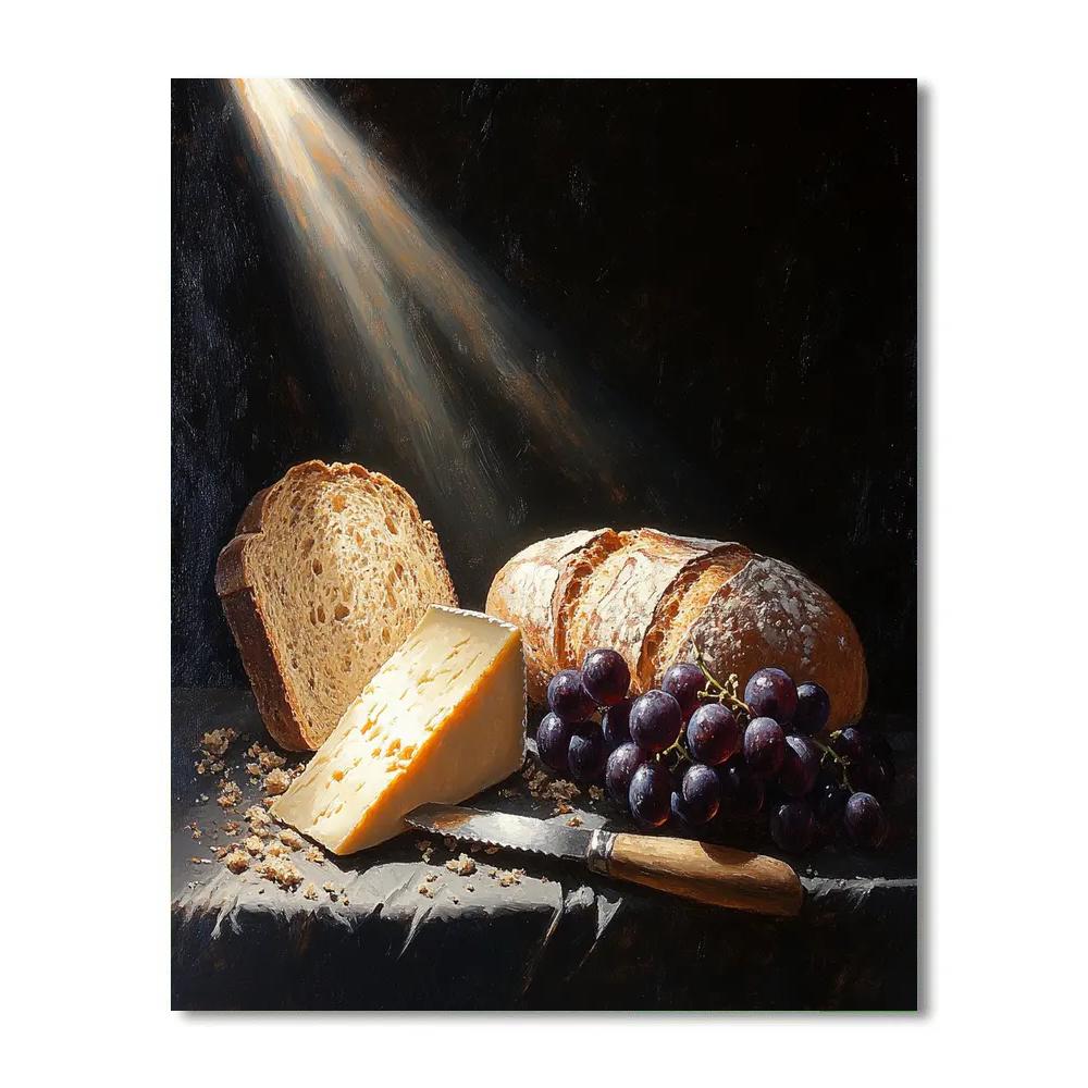 Caravaggio Inspired Dramatic Still Life Of Bread And Cheese Paint by numbers kits