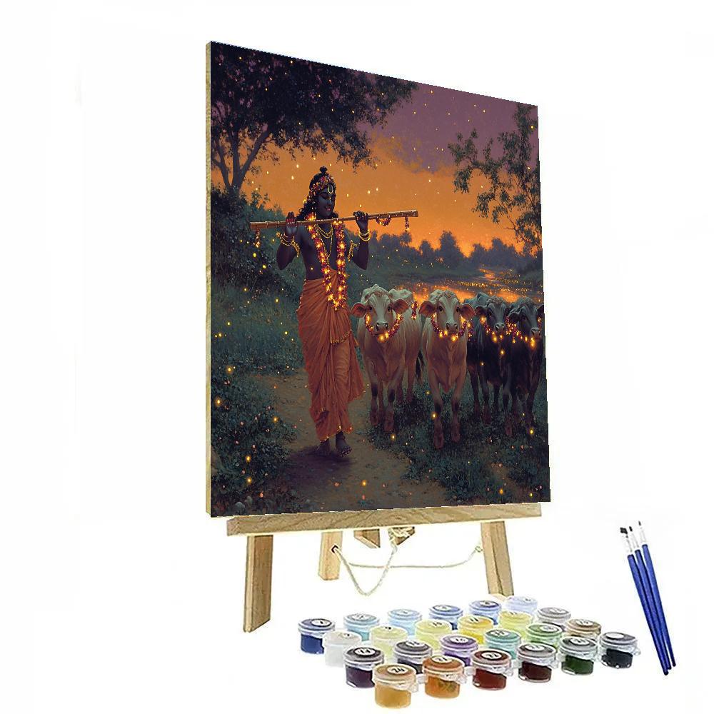 Krishna Guiding Firefly Cows At Dusk Paint by numbers art