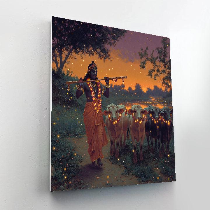Krishna Guiding Firefly Cows At Dusk Paint by numbers art