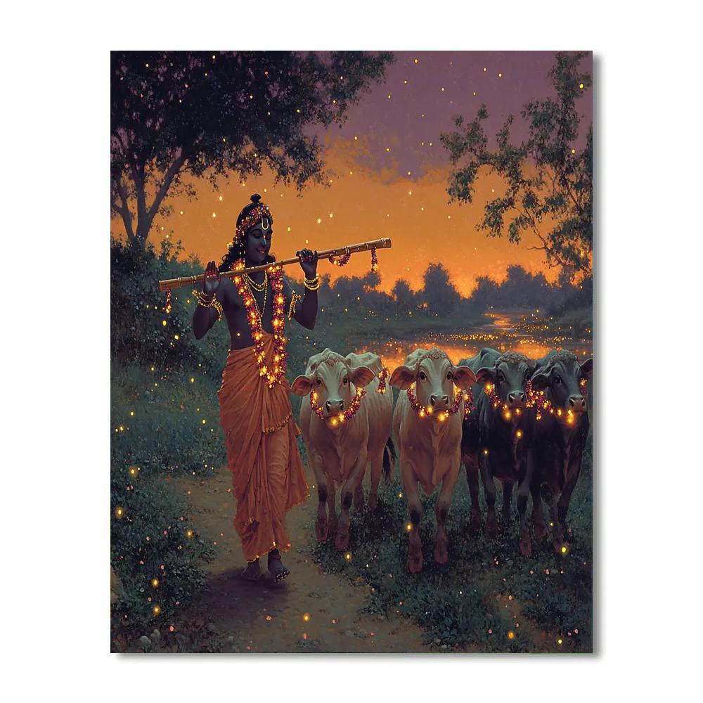 Krishna Guiding Firefly Cows At Dusk Paint by numbers art