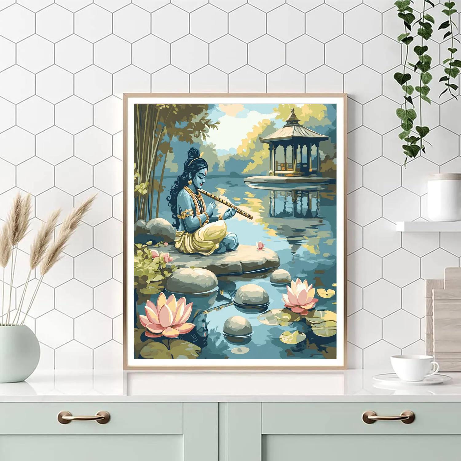 Krishna And The Mirror Pond Of Many Flutes Paint by numbers kits