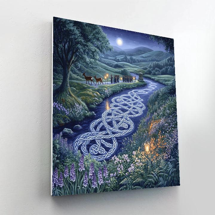 Moonlit Glen With Celtic Knotwork River paint by color