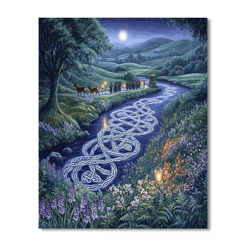 Moonlit Glen With Celtic Knotwork River paint by color