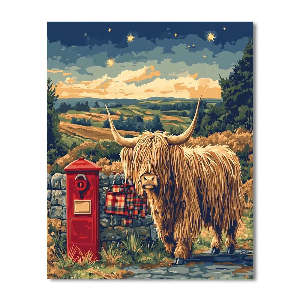 Highland Cow Starlit Mail Run Number painting