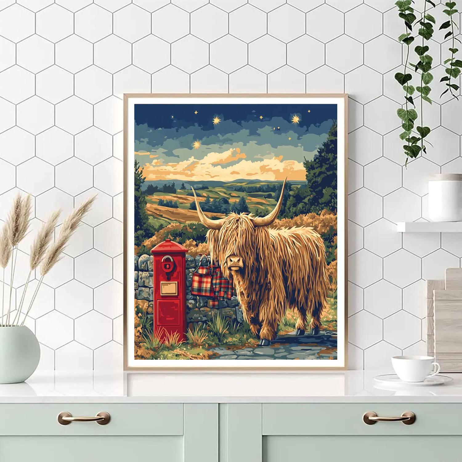 Highland Cow Starlit Mail Run Number painting