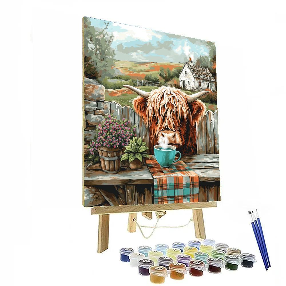 Tea Garden With Highland Cow Visitor painting number kit