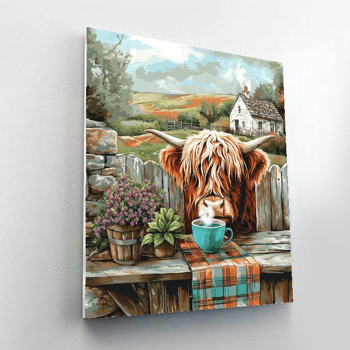 Tea Garden With Highland Cow Visitor painting number kit