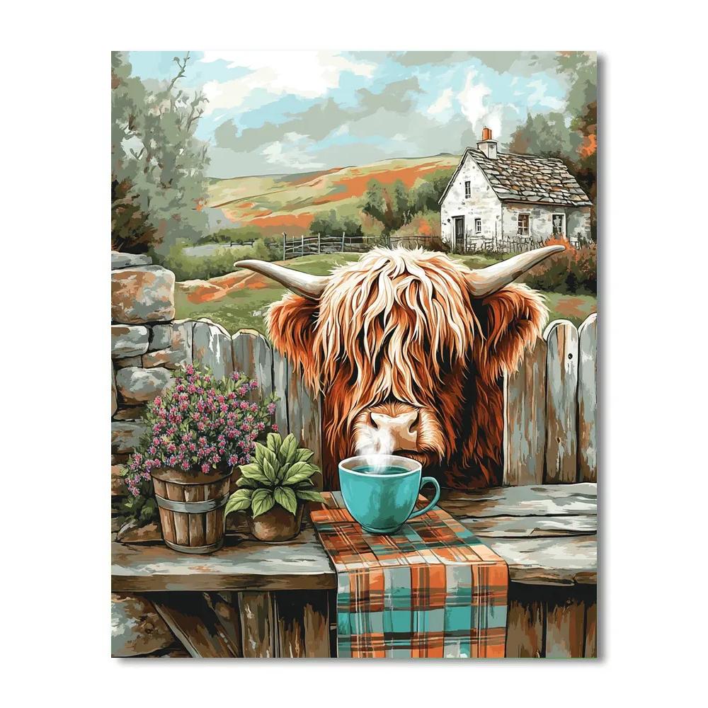Tea Garden With Highland Cow Visitor painting number kit