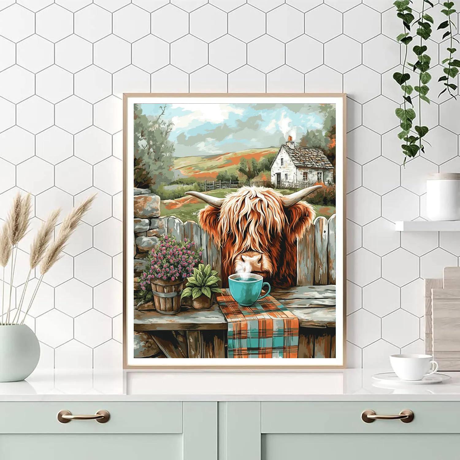 Tea Garden With Highland Cow Visitor painting number kit