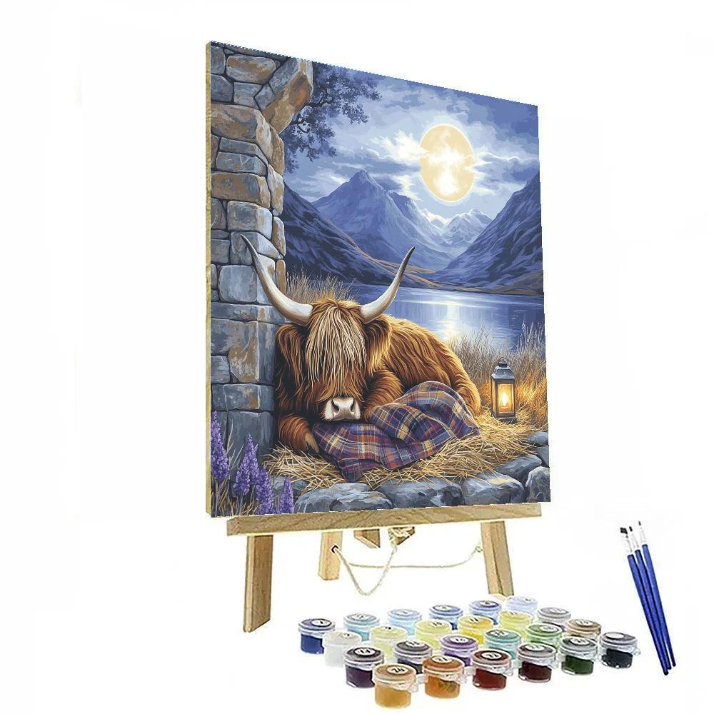 Moonlit Bothy Resting Highland Cow Paint by numbers art