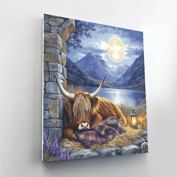 Moonlit Bothy Resting Highland Cow Paint by numbers art