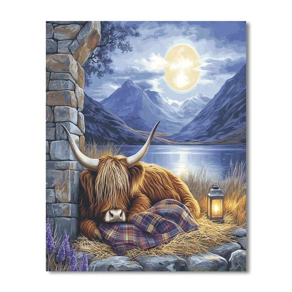 Moonlit Bothy Resting Highland Cow Paint by numbers art