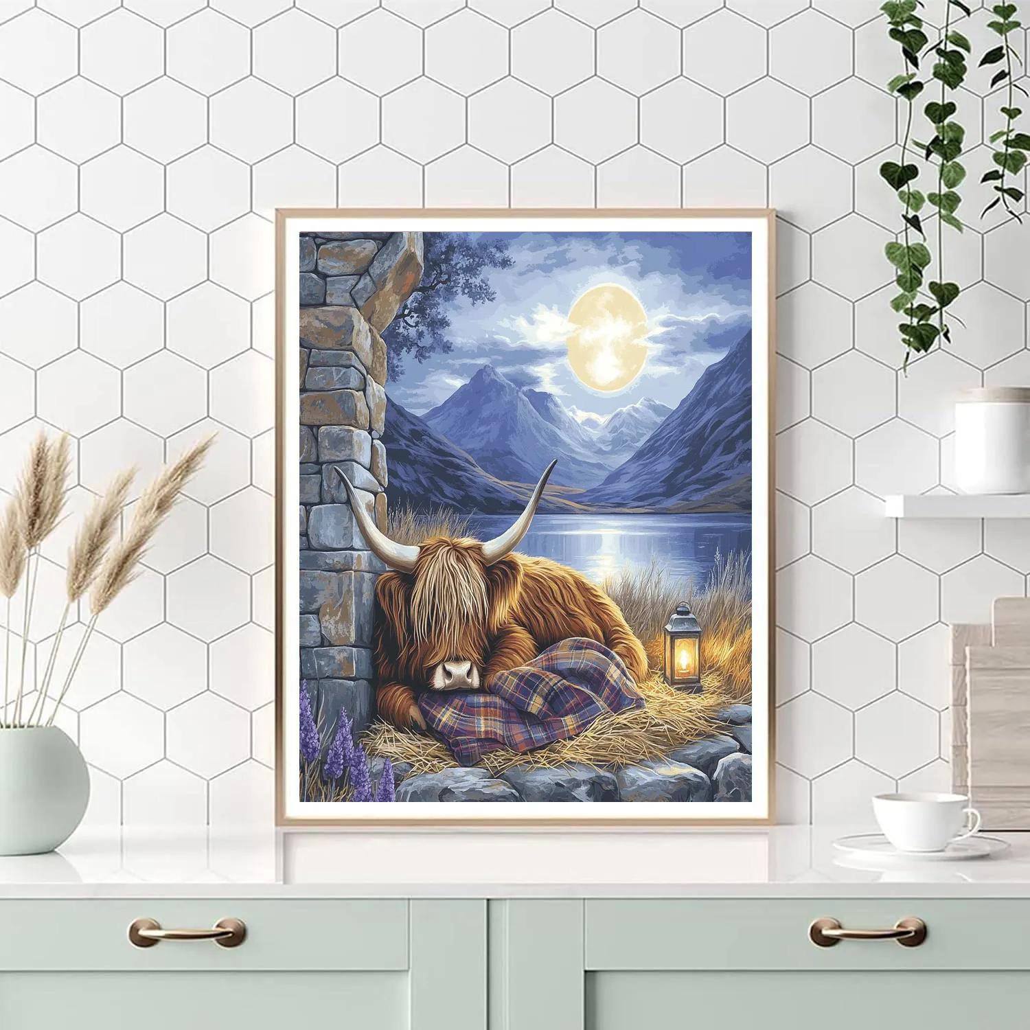 Moonlit Bothy Resting Highland Cow Paint by numbers art