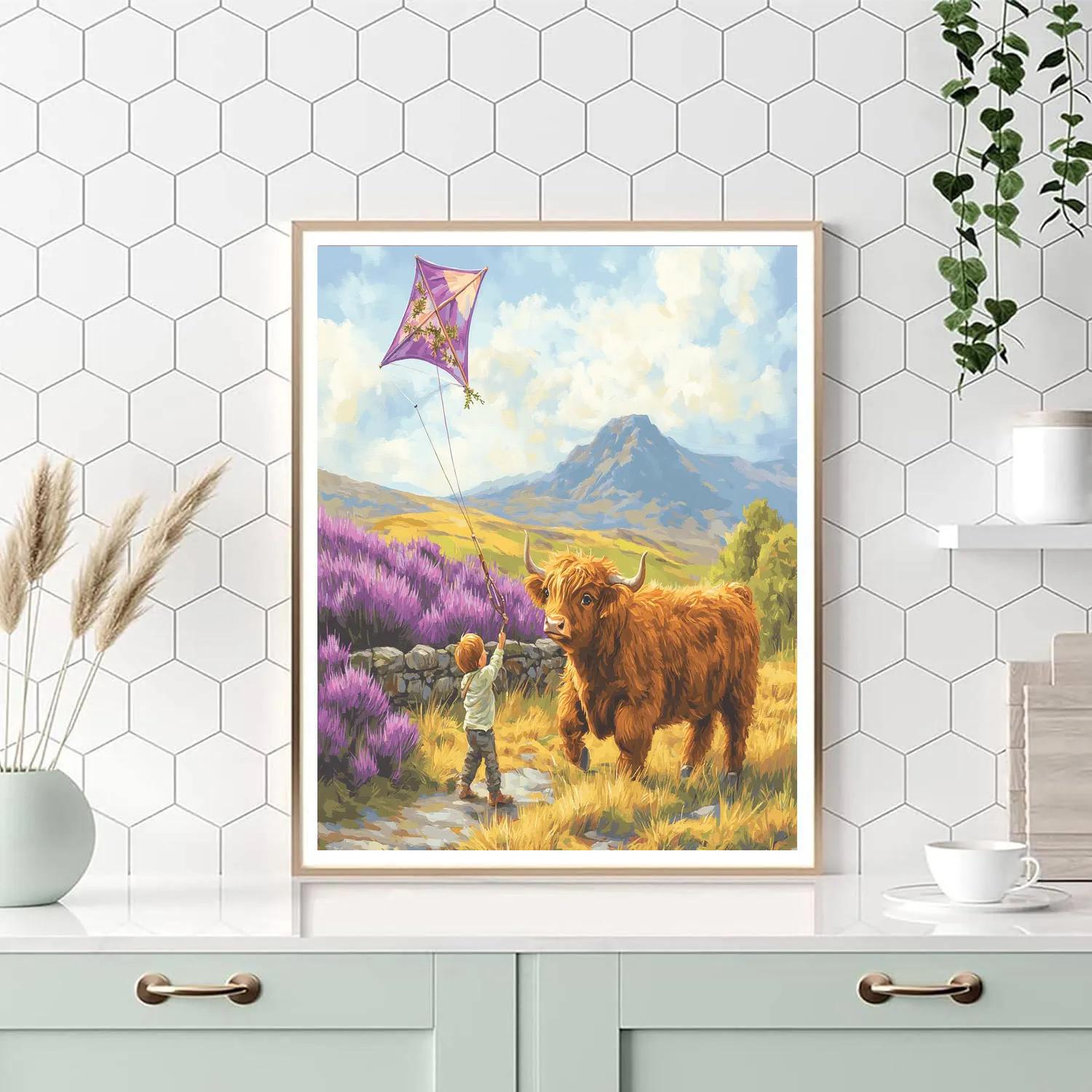 Highland Cow And The Heather Kite painting number kit