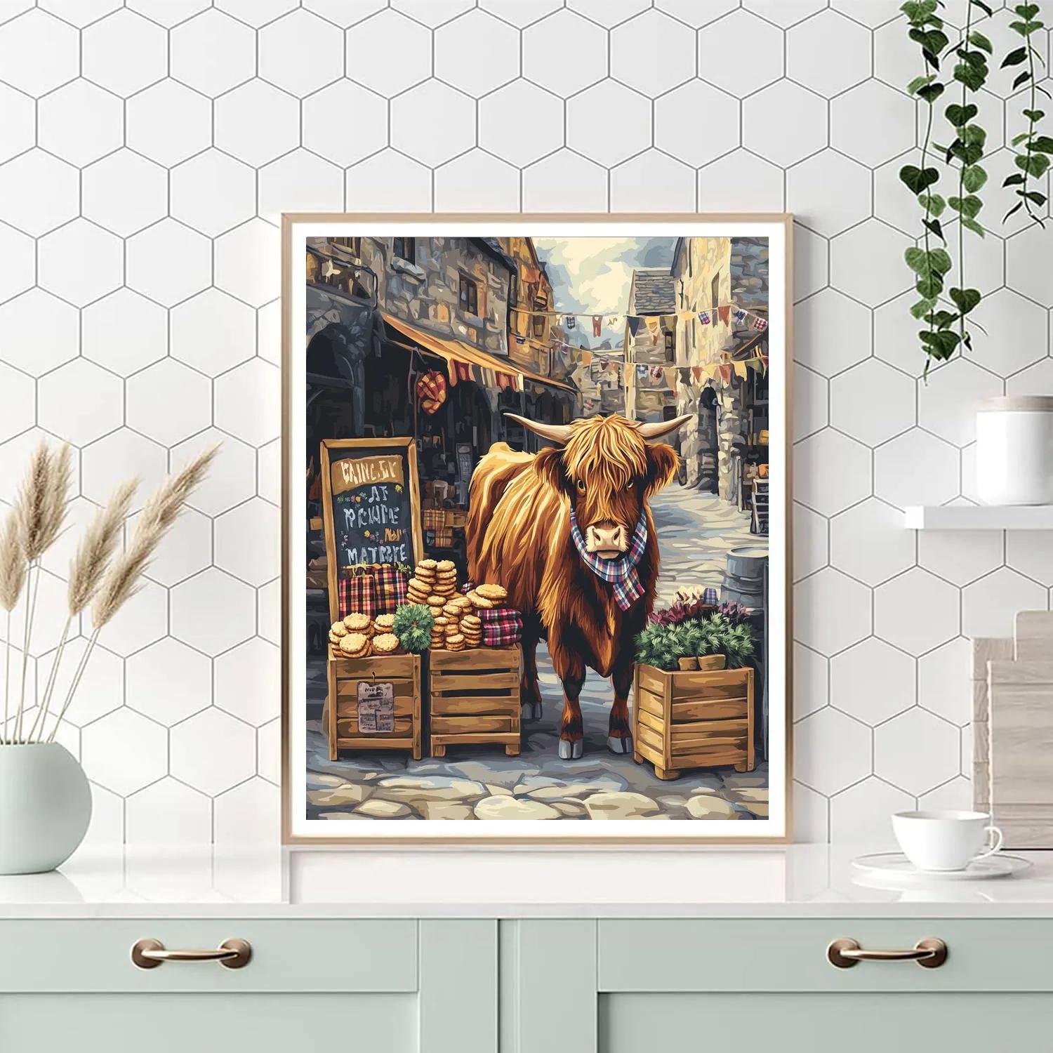 Tartan Market Day Highland Cow Paint by numbers art