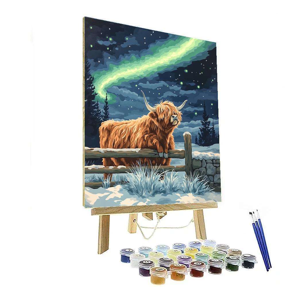 Highland Cow Aurora Fence Line Paint by numbers art