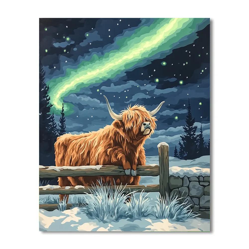 Highland Cow Aurora Fence Line Paint by numbers art