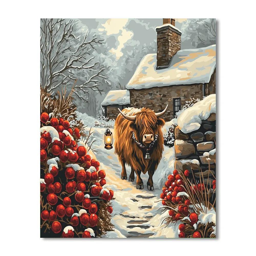Highland Cow Snowberry Lantern Walk Numbered painting kits