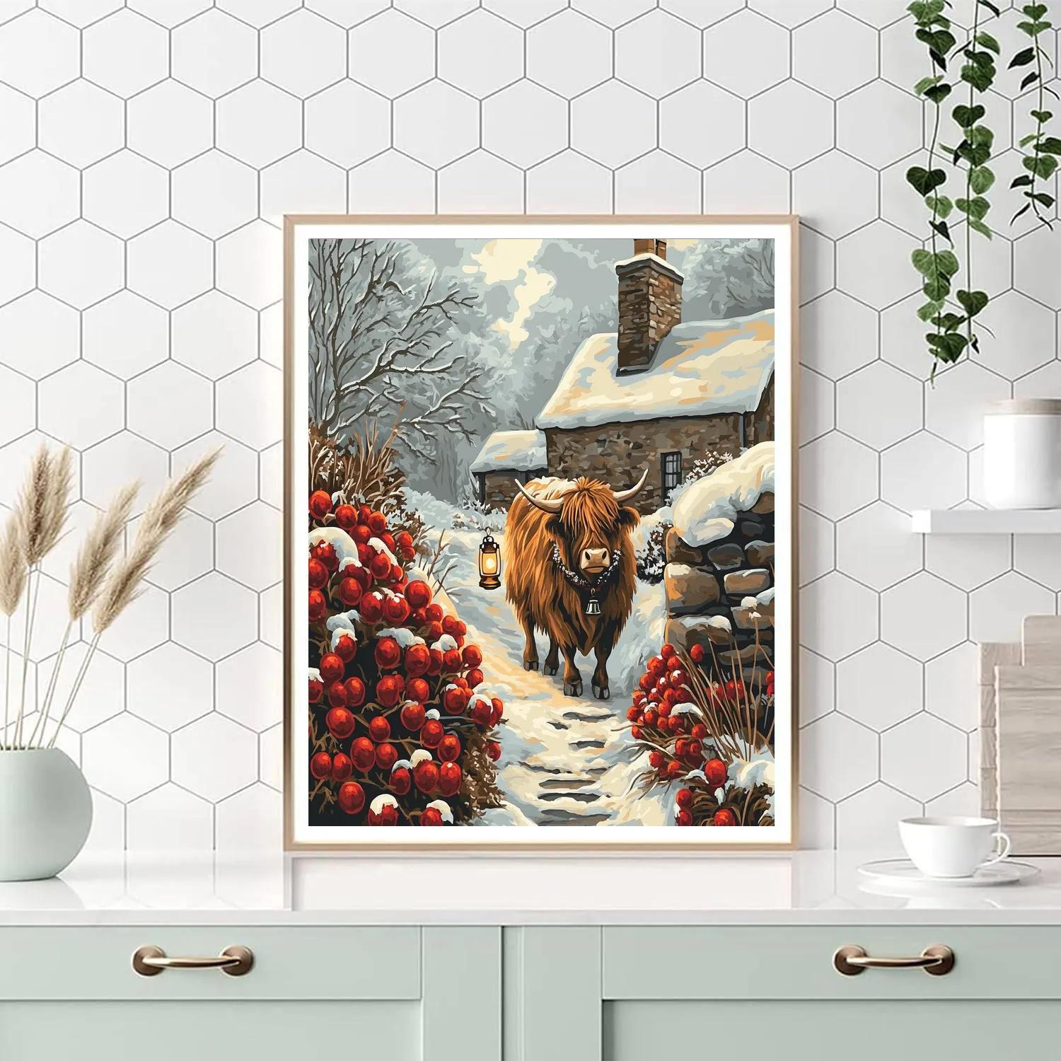 Highland Cow Snowberry Lantern Walk Numbered painting kits