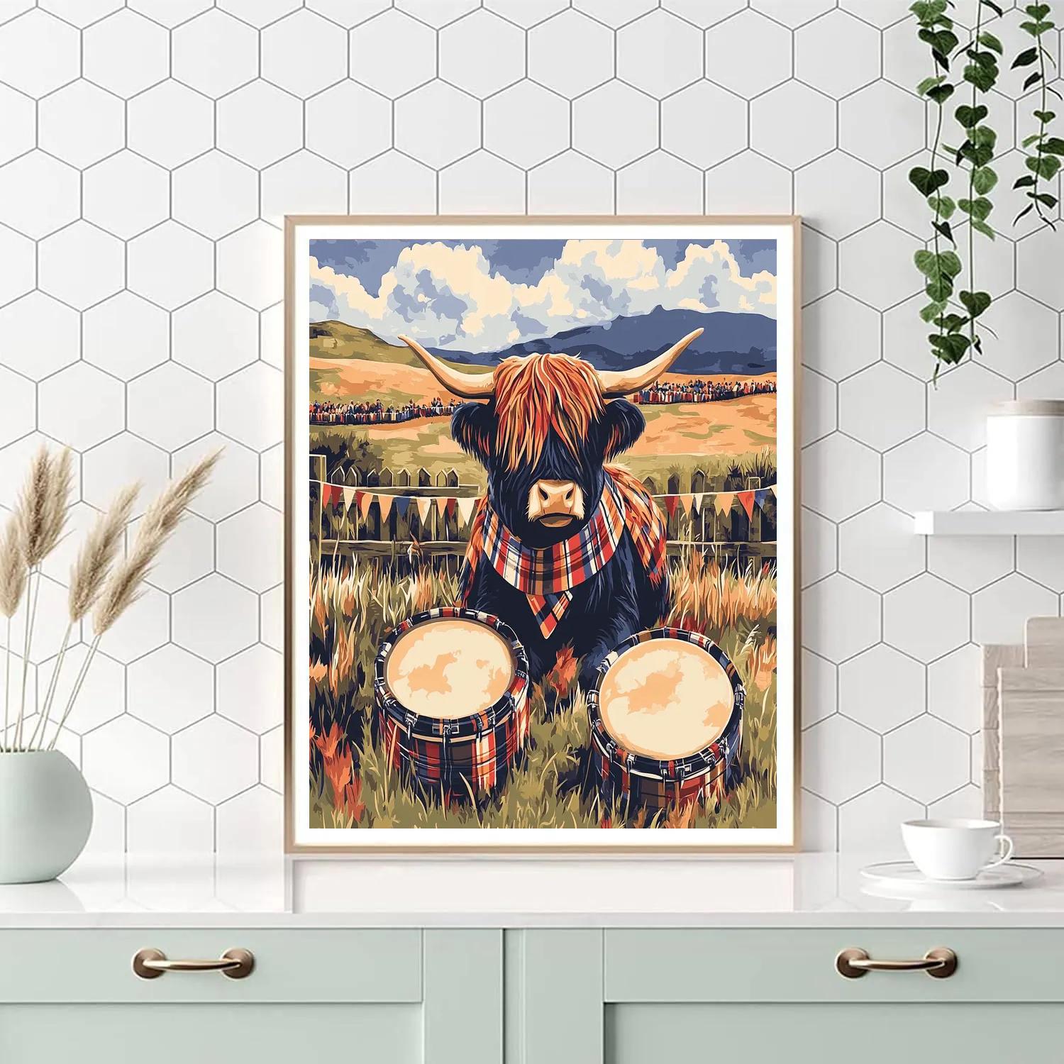 Festival Drums Beside Highland Cow DIY paint by numbers