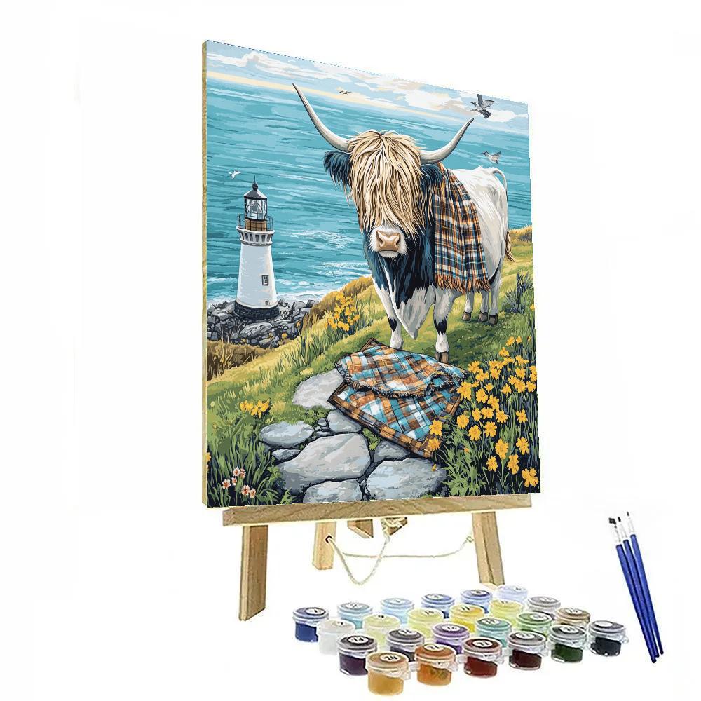 Highland Cow Lighthouse Postcard Scene paint by numbers