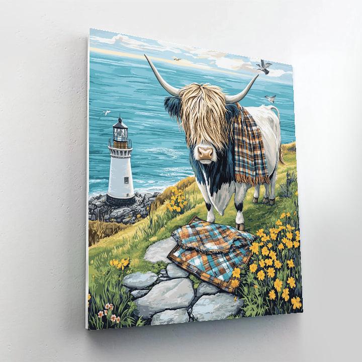 Highland Cow Lighthouse Postcard Scene paint by numbers