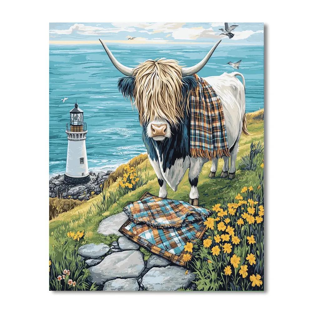 Highland Cow Lighthouse Postcard Scene paint by numbers