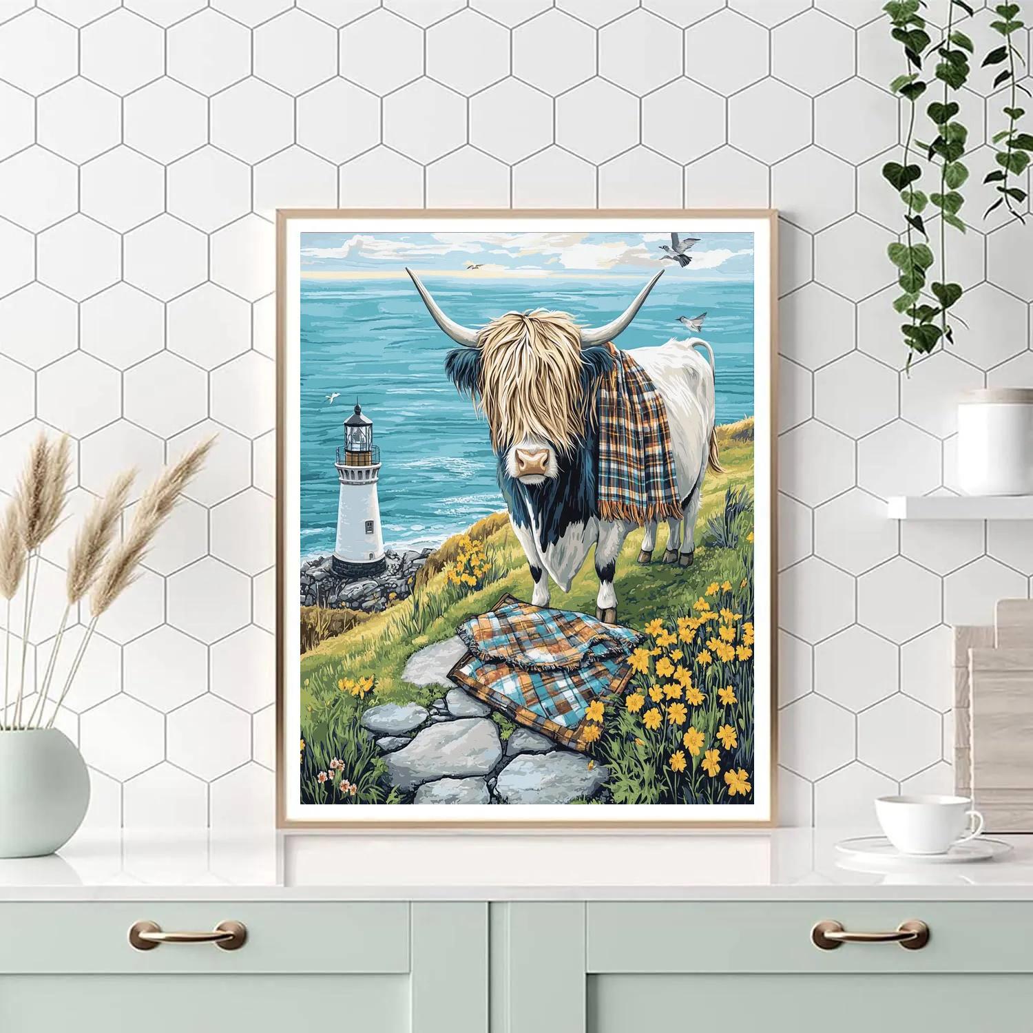 Highland Cow Lighthouse Postcard Scene paint by numbers