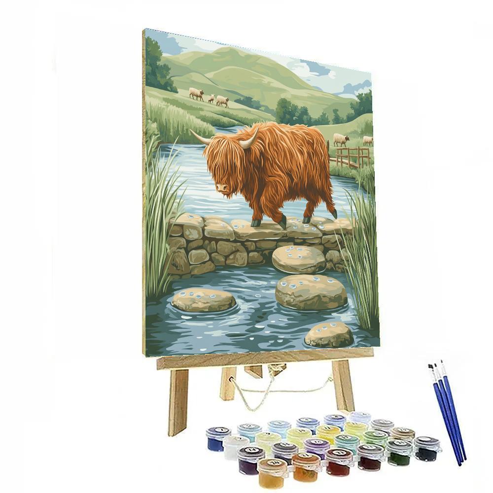 Highland Cow River Stone Crossing Number painting