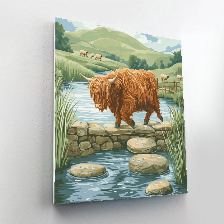 Highland Cow River Stone Crossing Number painting