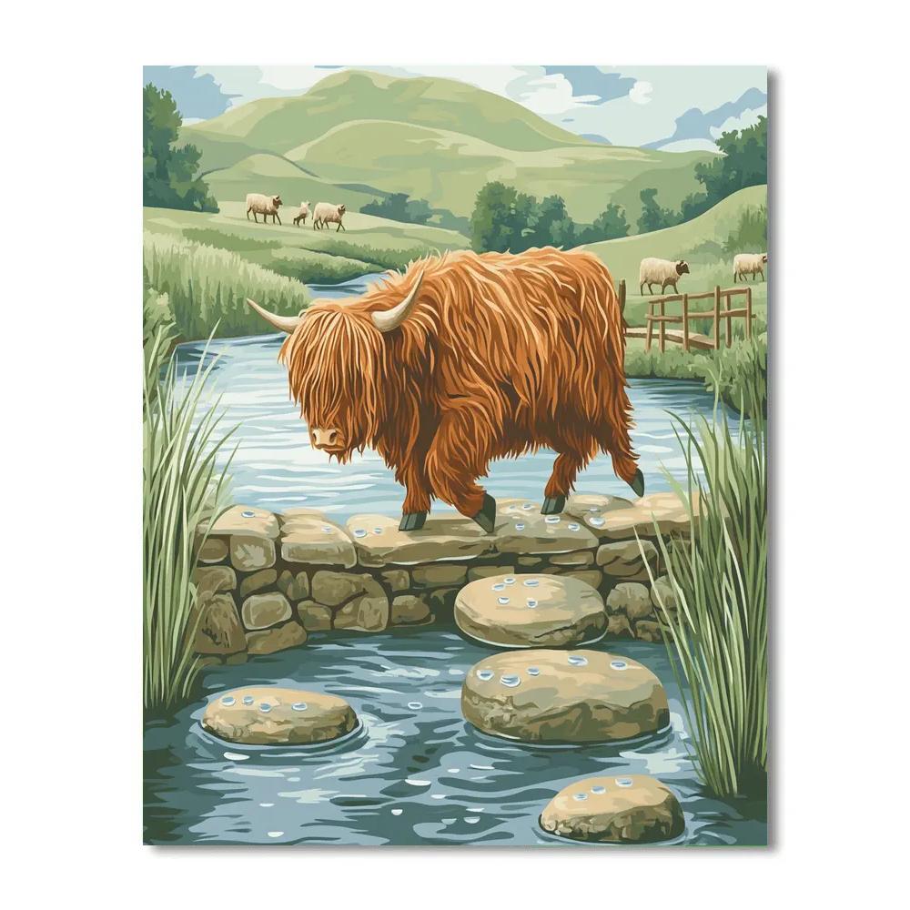 Highland Cow River Stone Crossing Number painting