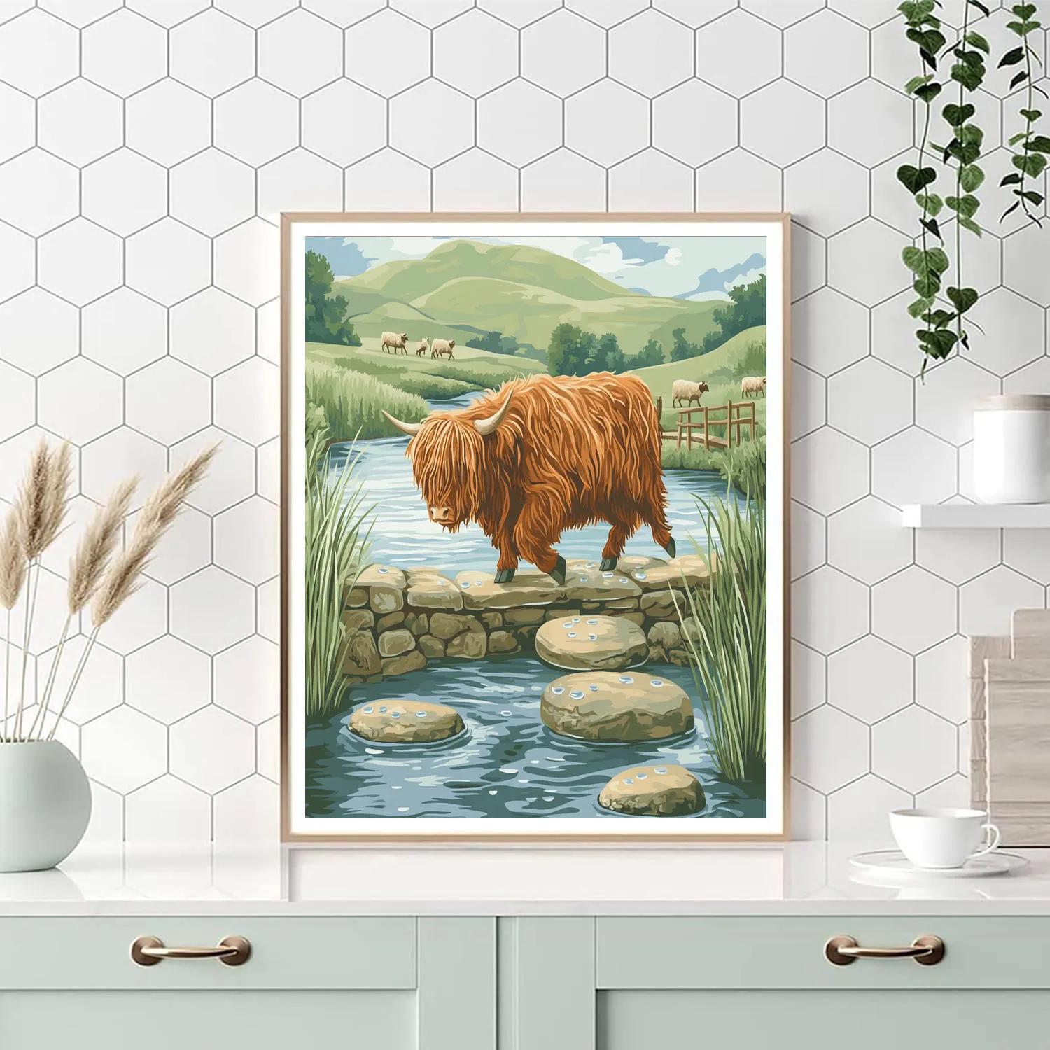 Highland Cow River Stone Crossing Number painting