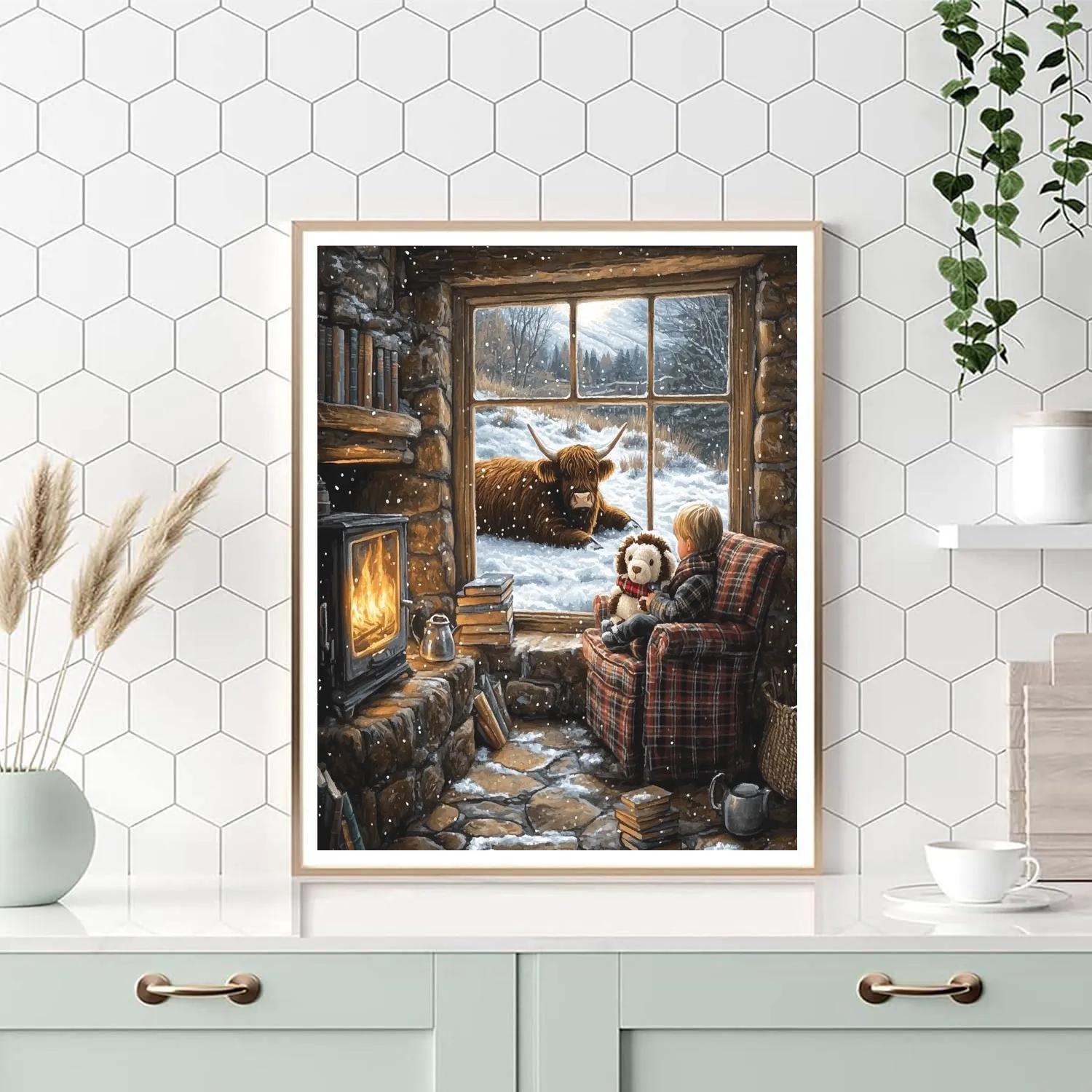 Storytime Hearth With Highland Cow Plush Paint by numbers kits