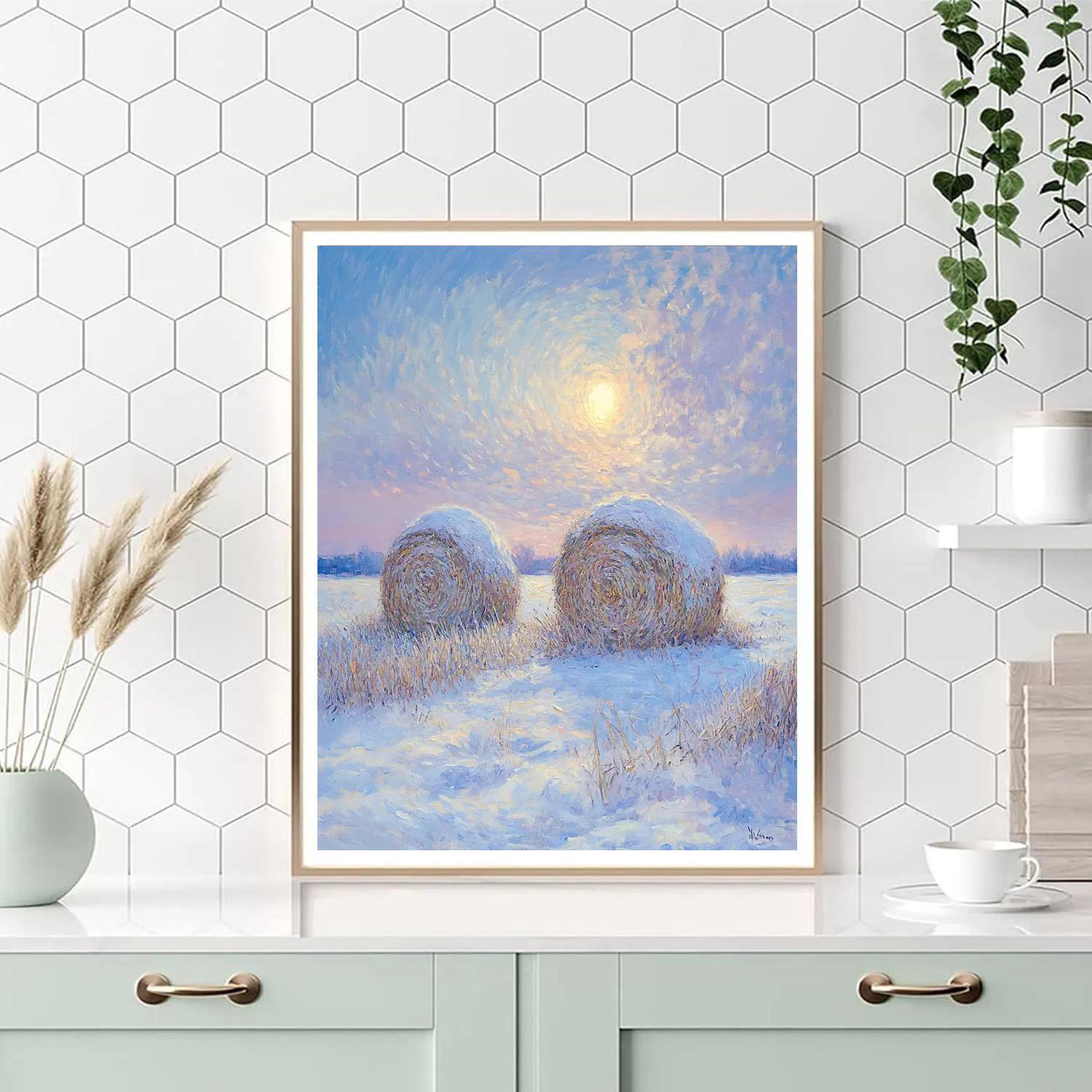 Claude Monet Inspired Lunar Halo Over Winter Haystacks painting number kit