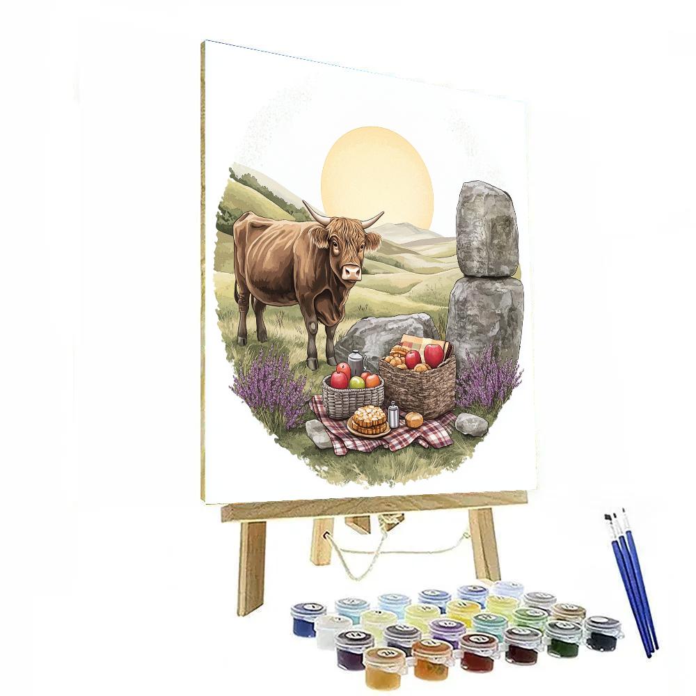 Highland Cow And The Stone Circle Picnic DIY paint by numbers