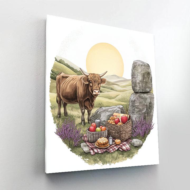 Highland Cow And The Stone Circle Picnic DIY paint by numbers