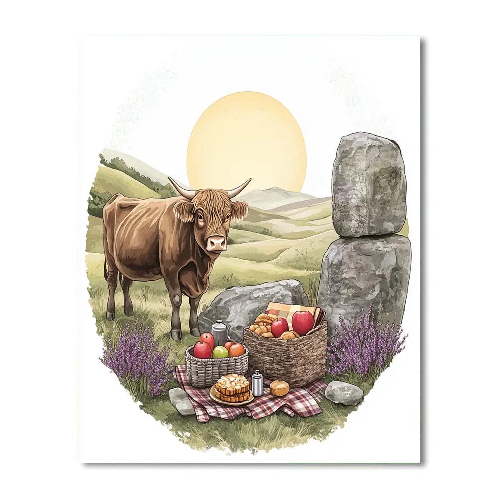 Highland Cow And The Stone Circle Picnic DIY paint by numbers
