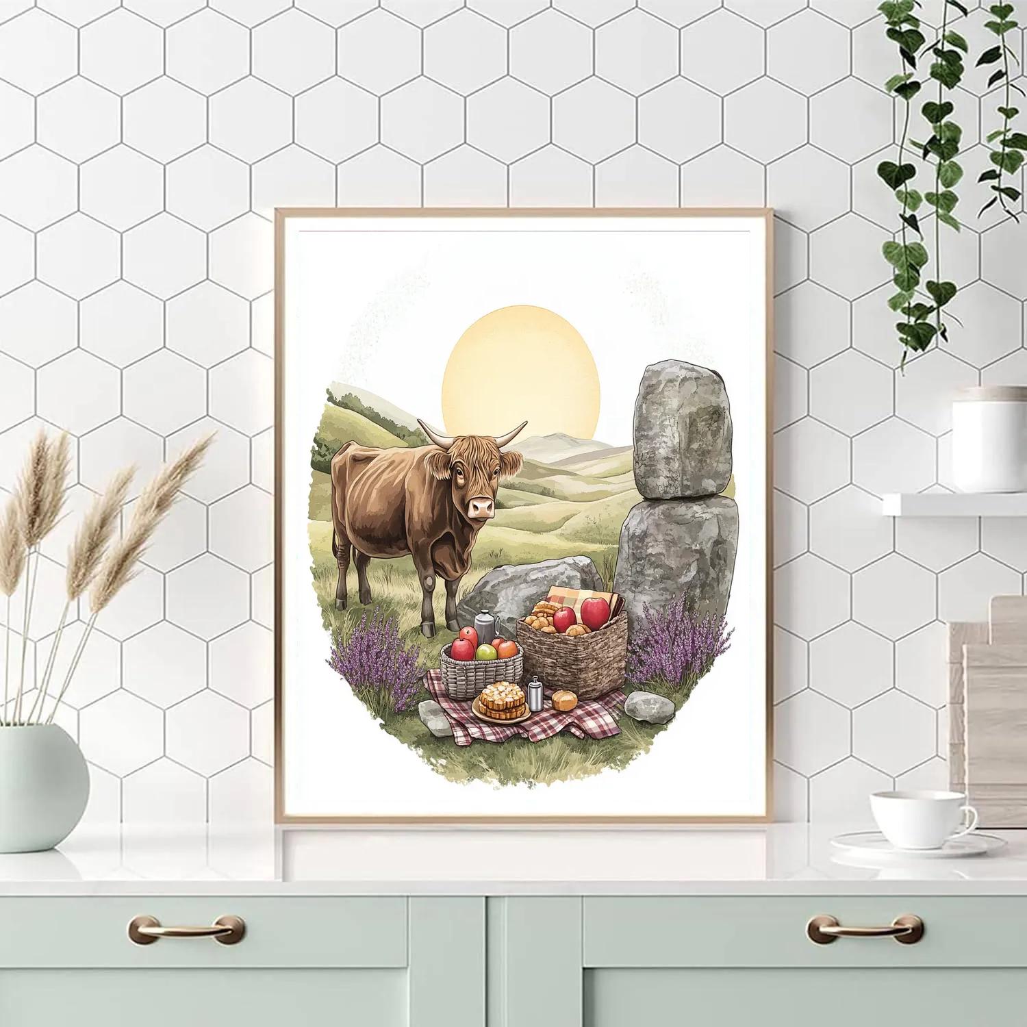 Highland Cow And The Stone Circle Picnic DIY paint by numbers