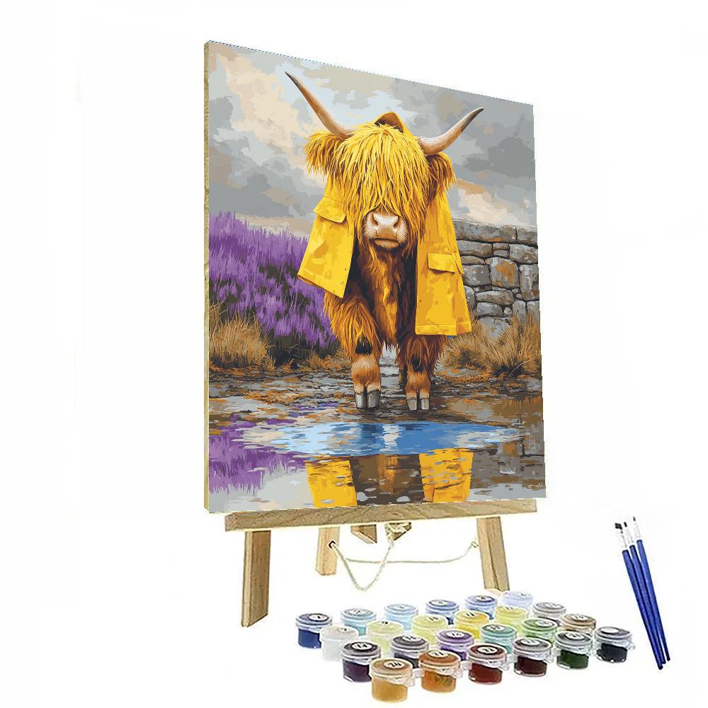 Highland Cow Raincoat And Puddle Reflections Painting by numbers kit